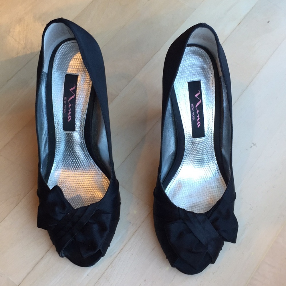 Nina black satin peep toe heels 6